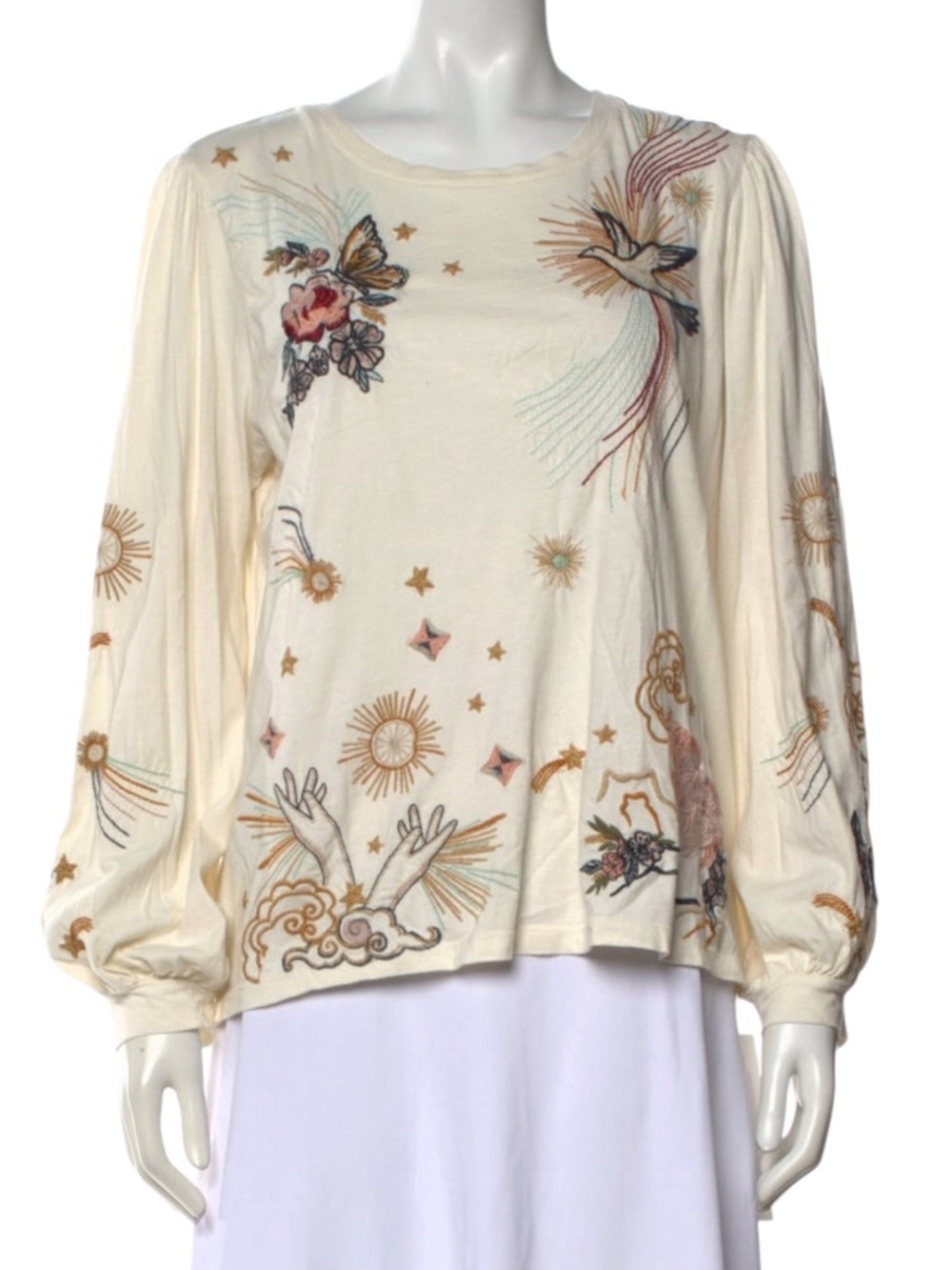 Johnny Was Cream/Ivory Embroidered Long-Sleeve Top with Multicolor Motifs